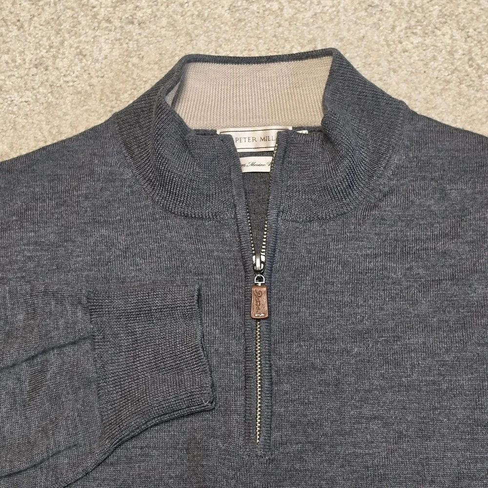 Peter Millar Mens L 100% Merino Wool Quarter Zip Sweater Gray Pullover Preppy